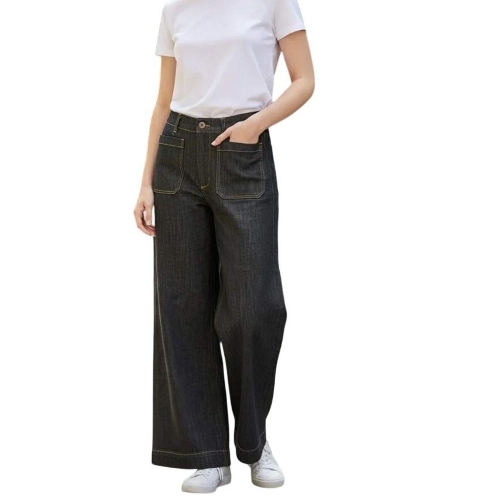 Vigoss Trouser Jeans Women 29 Dark Indigo Wide Leg Patch Pocket High Rise